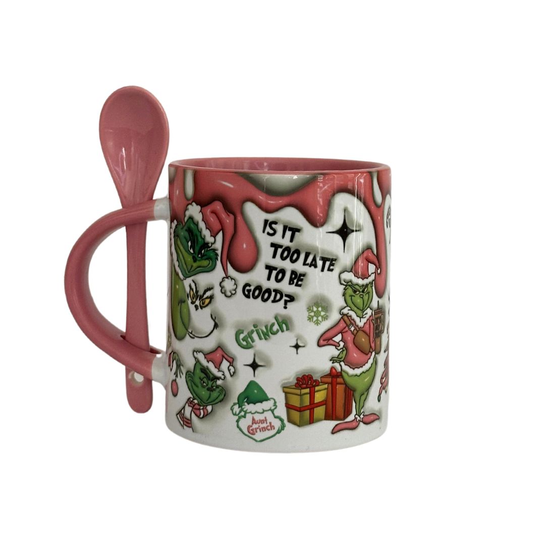 Pink Grinch Christmas 11 oz Mug with spoon