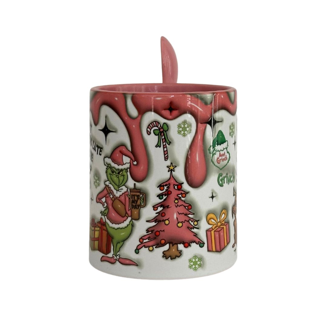 Pink Grinch Christmas 11 oz Mug with spoon