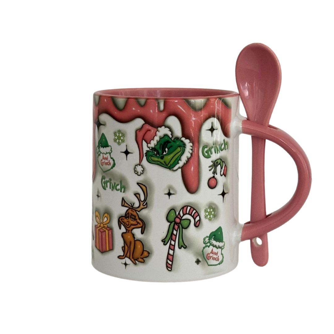 Pink Grinch Christmas 11 oz Mug with spoon