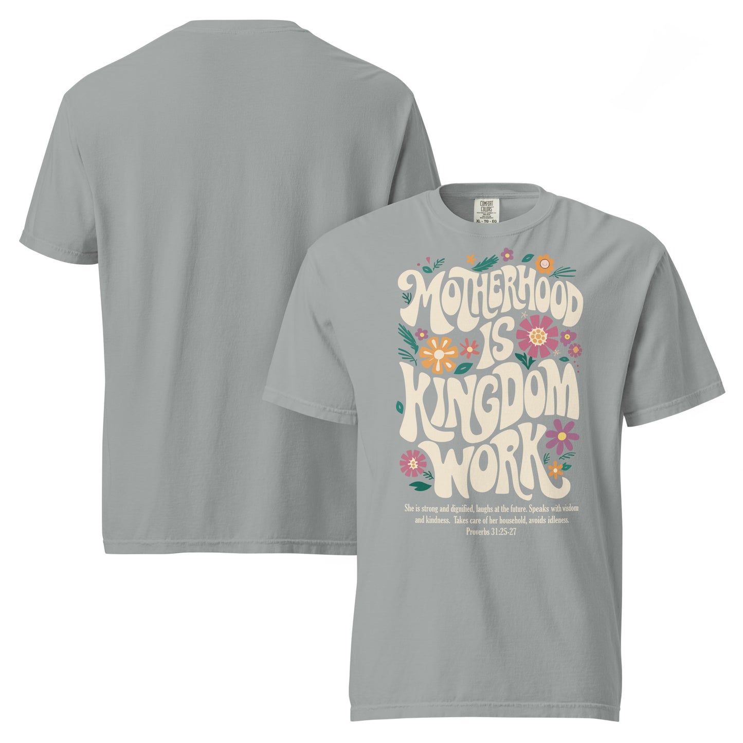 Mama floral Christian t-shirt for moms, shown with matching Kingdom Kids tee