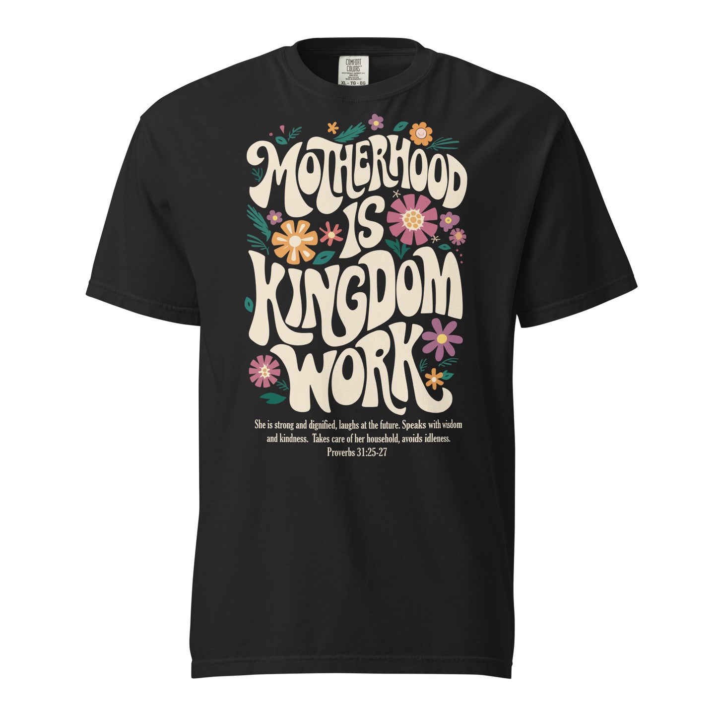 Mama floral Christian t-shirt for moms, shown with matching Kingdom Kids tee