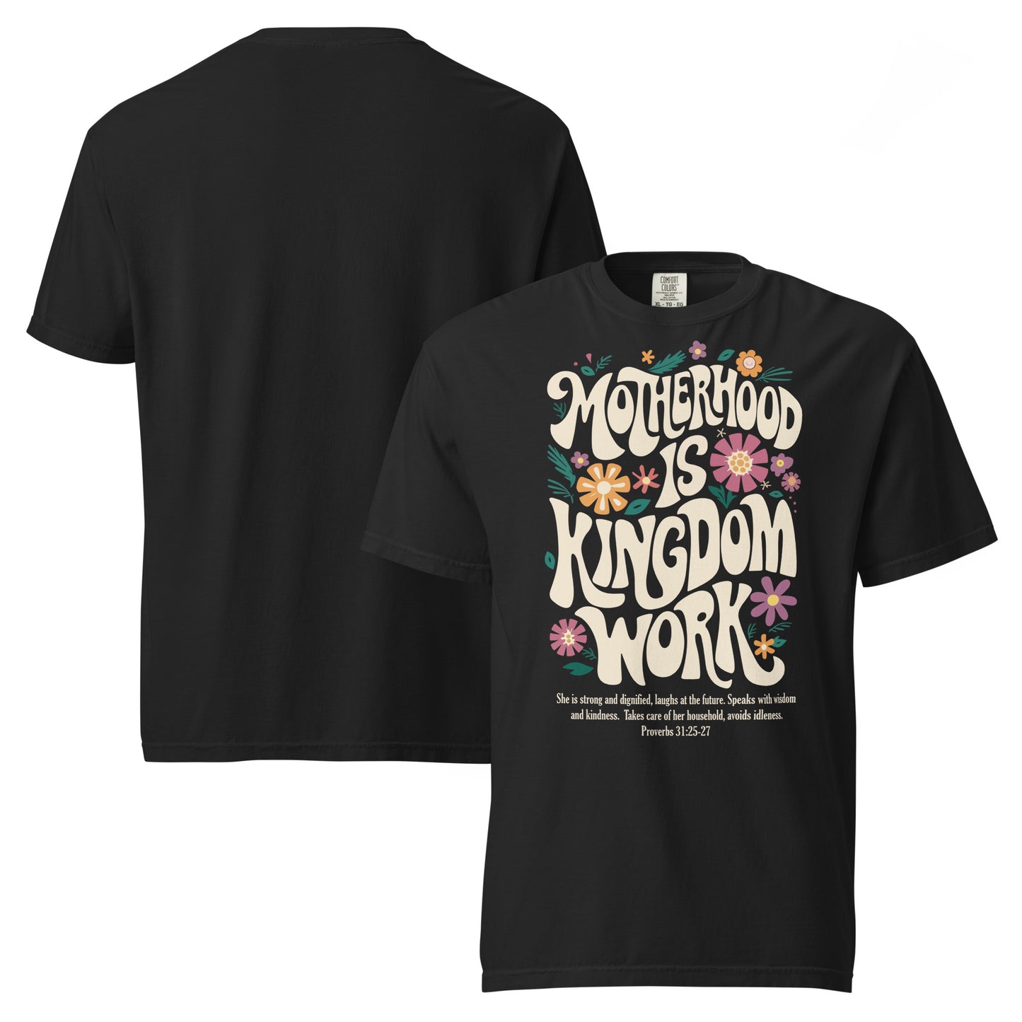 Mama floral Christian t-shirt for moms, shown with matching Kingdom Kids tee