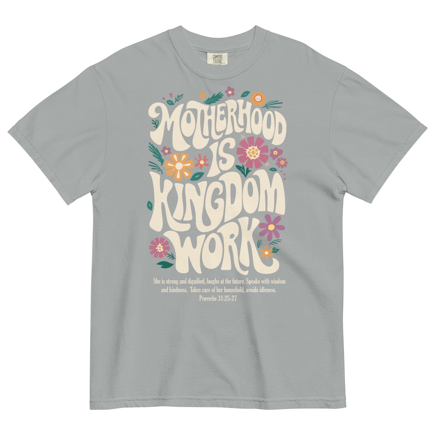 Mama floral Christian t-shirt for moms, shown with matching Kingdom Kids tee