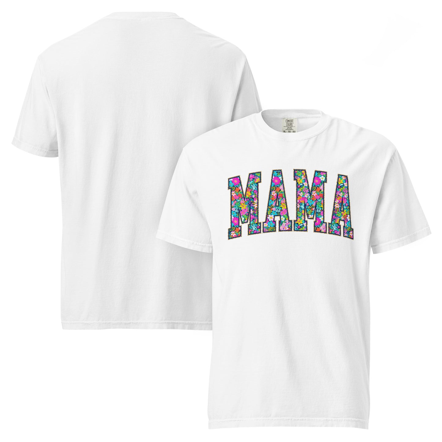 Teal t-shirt with bold floral MAMA lettering across the front, part of the matching Mommy and Me collection.