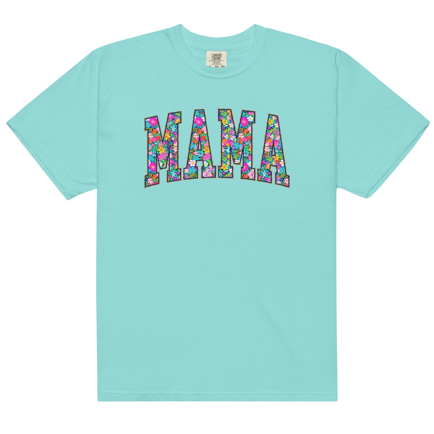 Teal t-shirt with bold floral MAMA lettering across the front, part of the matching Mommy and Me collection.