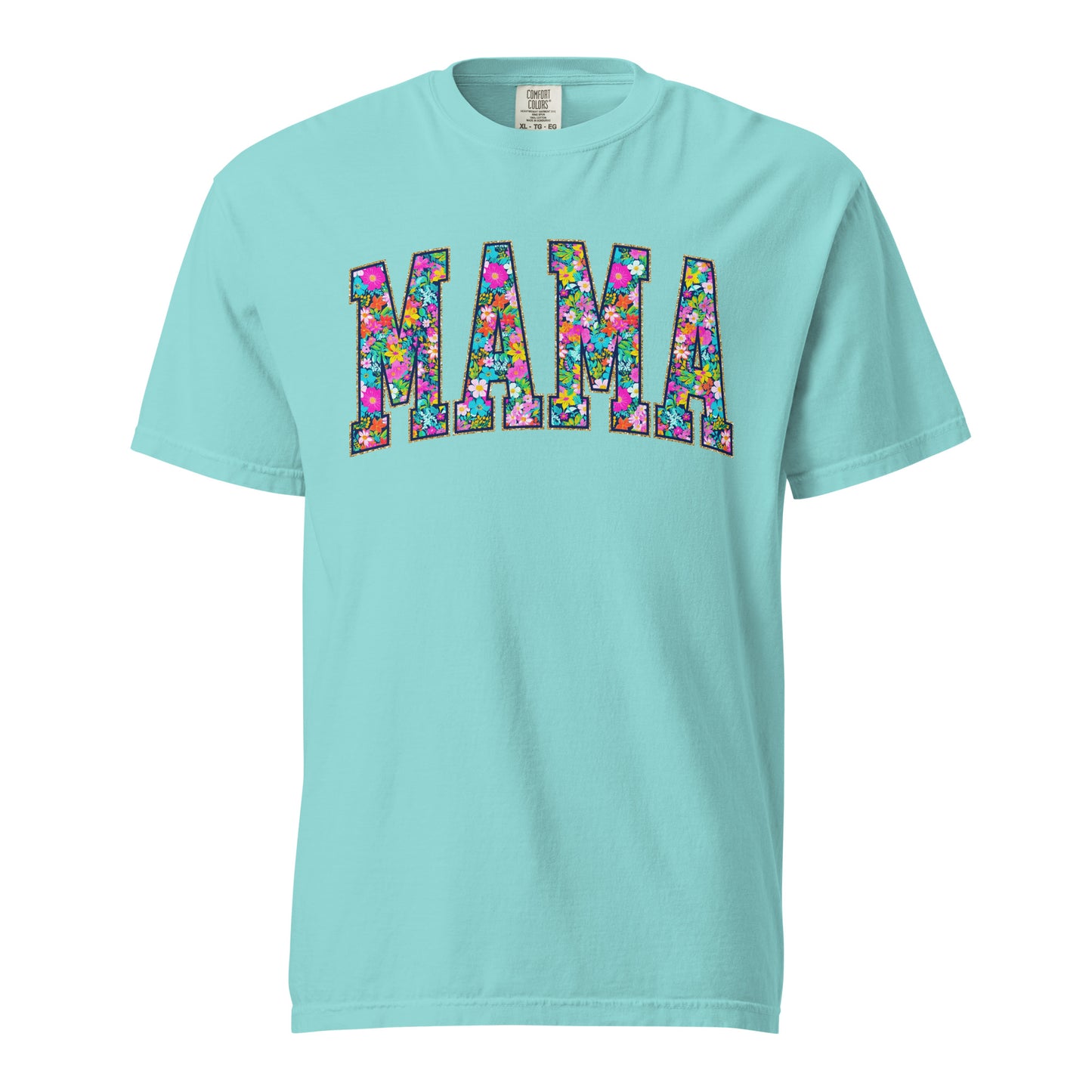 Teal t-shirt with bold floral MAMA lettering across the front, part of the matching Mommy and Me collection.