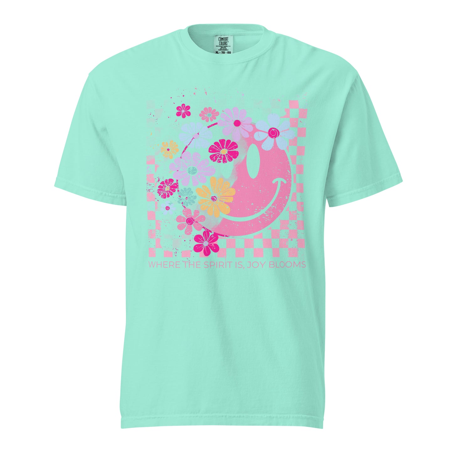 Retro Christian t-shirt with pink smiley face and flowers – Joy Blooms Faith Tee