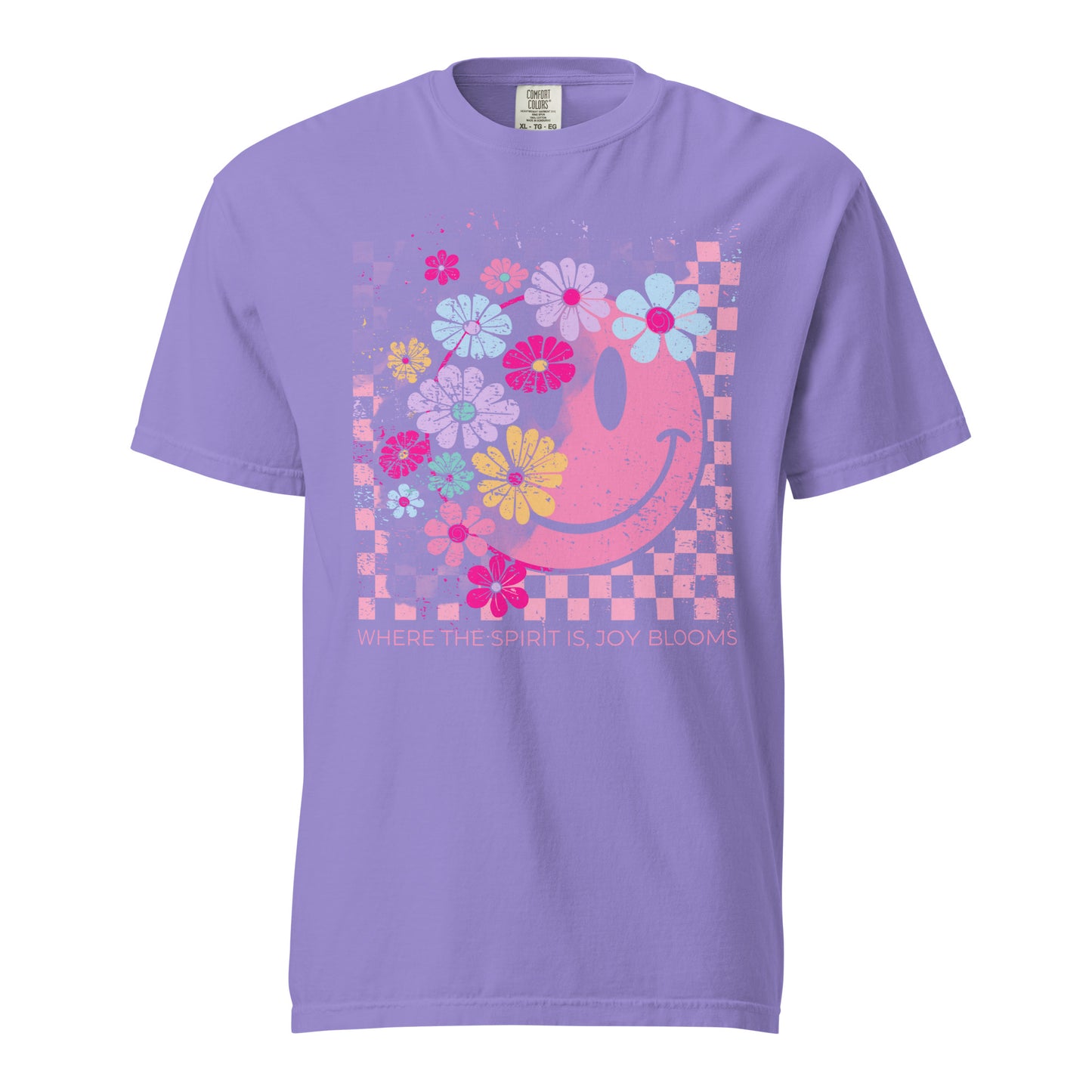 Retro Christian t-shirt with pink smiley face and flowers – Joy Blooms Faith Tee