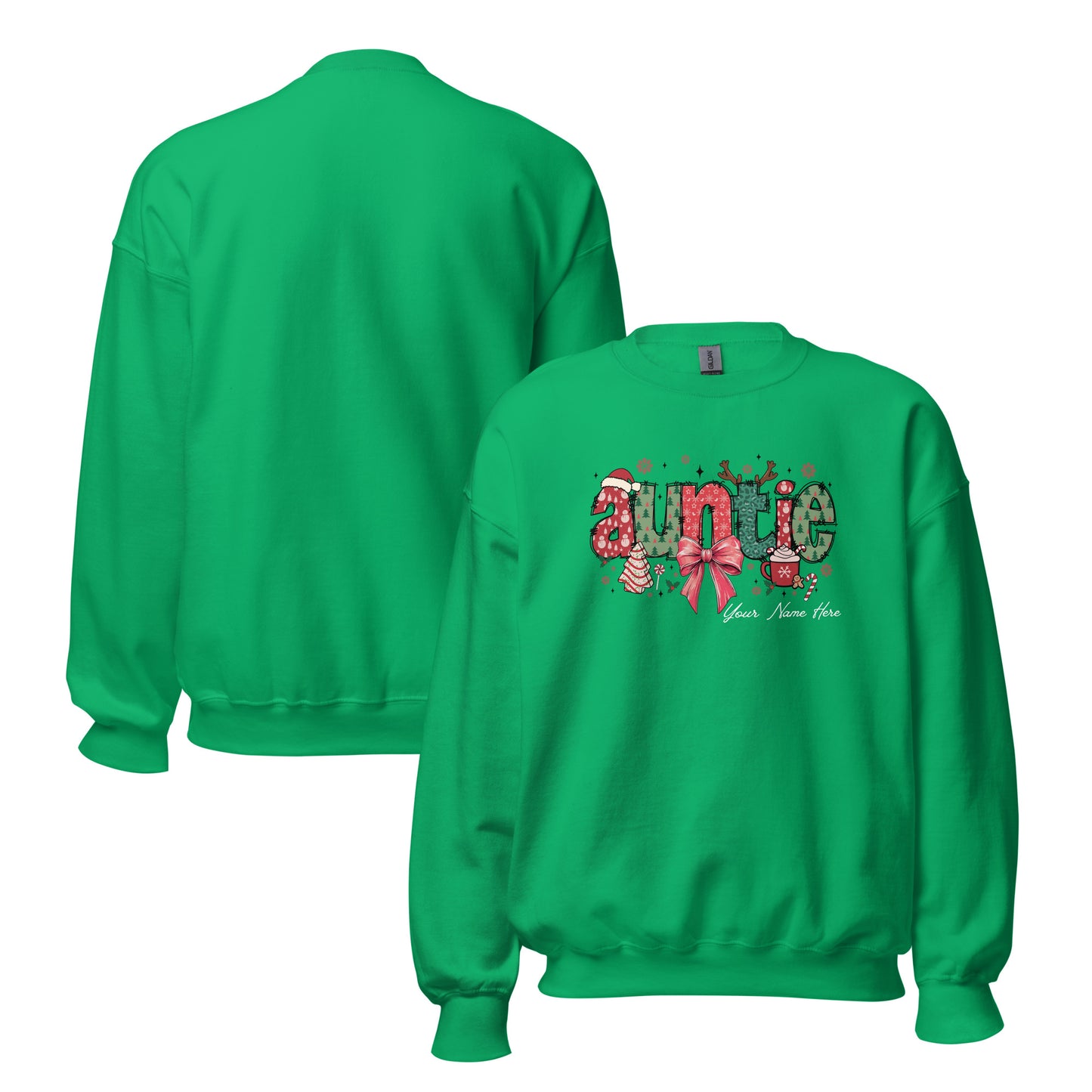 Festive ‘Auntie’ Christmas sweatshirt with bow, Santa hat, and tree, customizable with name. Front and back in the color green.
