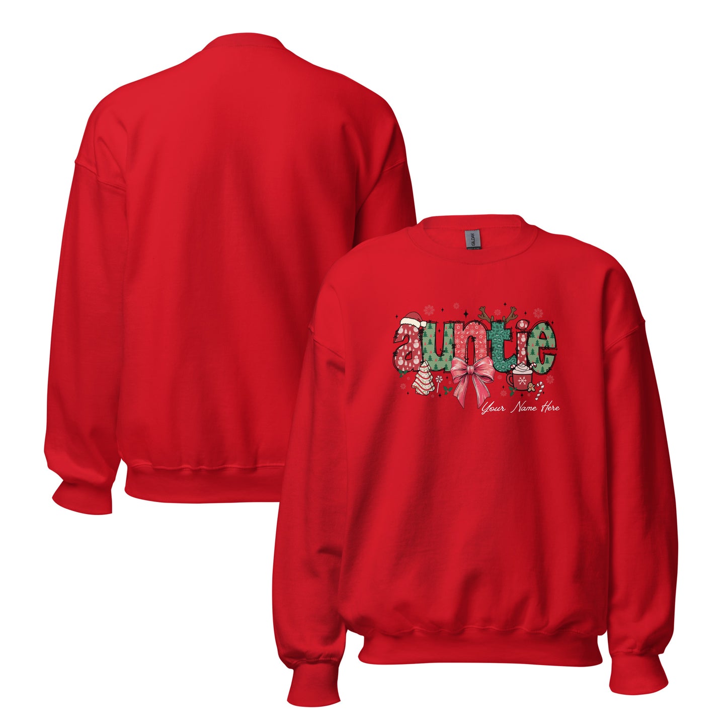Festive ‘Auntie’ Christmas sweatshirt with bow, Santa hat, and tree, customizable with name. Front and back
