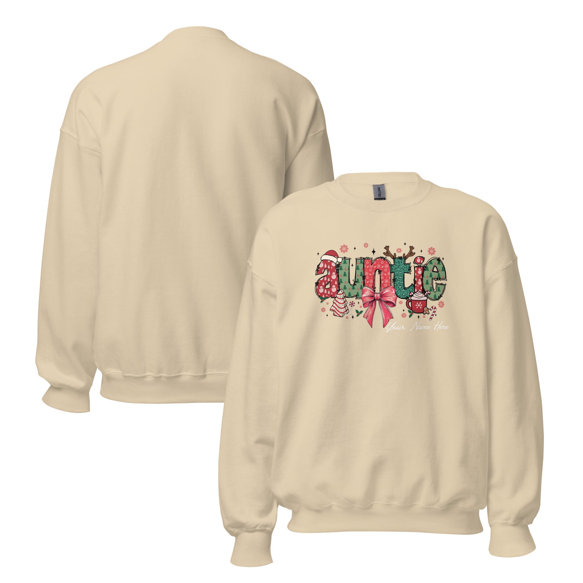 Festive ‘Auntie’ Christmas sweatshirt with bow, Santa hat, and tree, customizable with name.”Festive ‘Auntie’ Christmas sweatshirt with bow, Santa hat, and tree, customizable with name. Front and Back in Cream color.