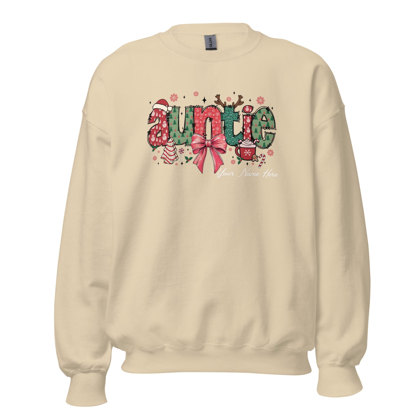 Festive ‘Auntie’ Christmas sweatshirt in cream with bow, Santa hat, and tree, customizable with name.”
