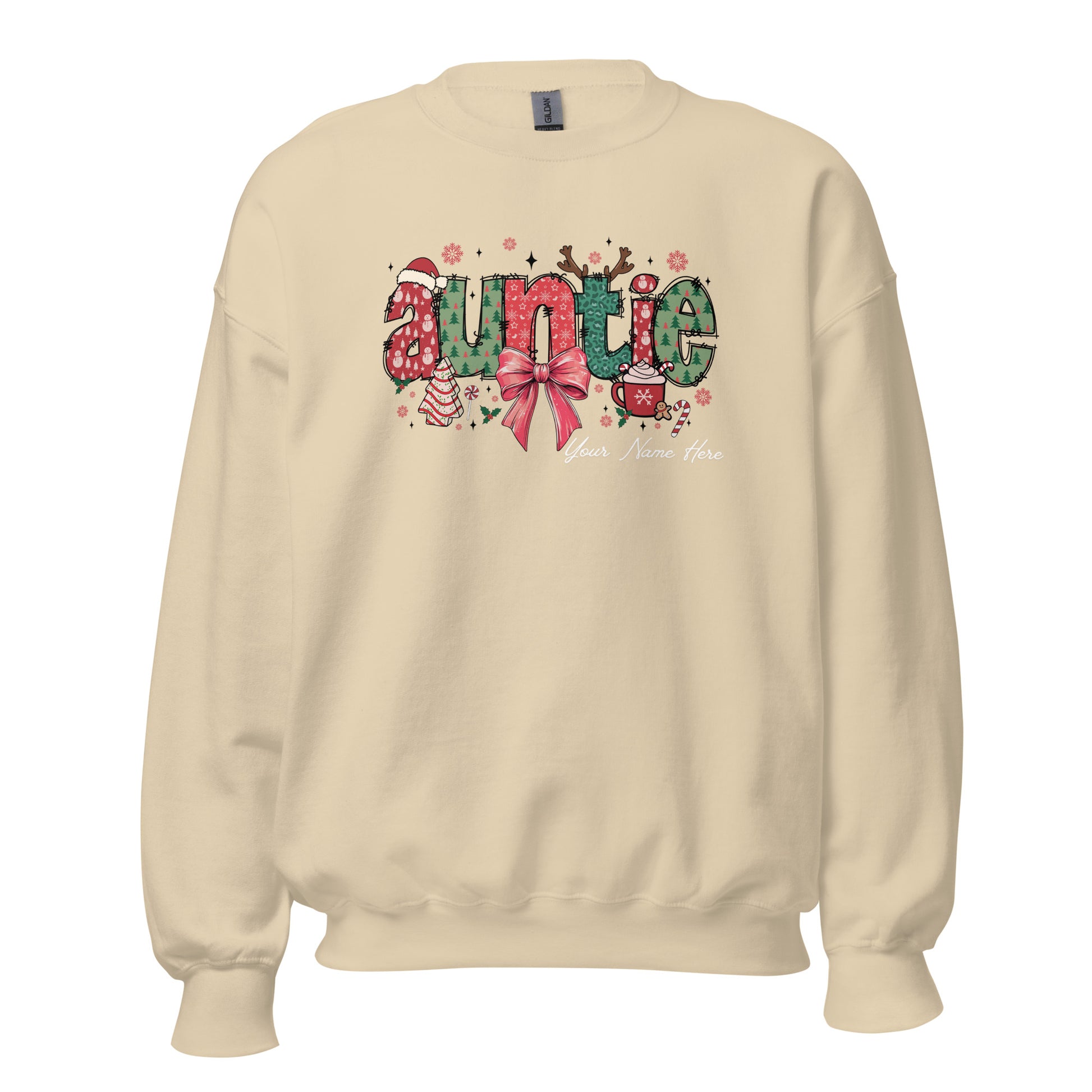 Festive ‘Auntie’ Christmas sweatshirt in cream with bow, Santa hat, and tree, customizable with name.”