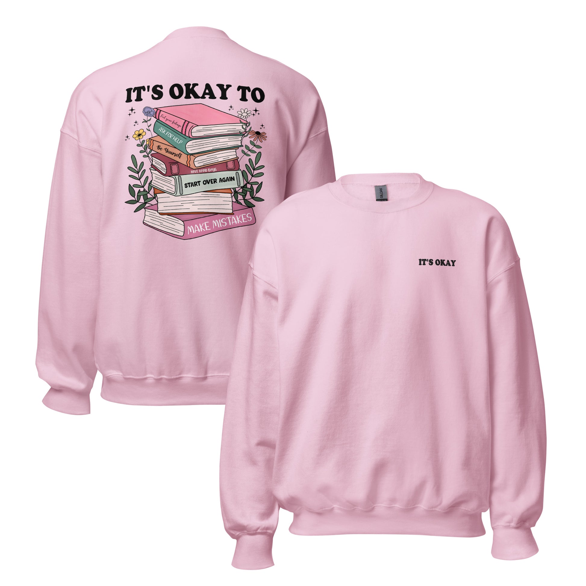 Pink sweatshirt with embroidered text on the front and graphic design on the back on a white background