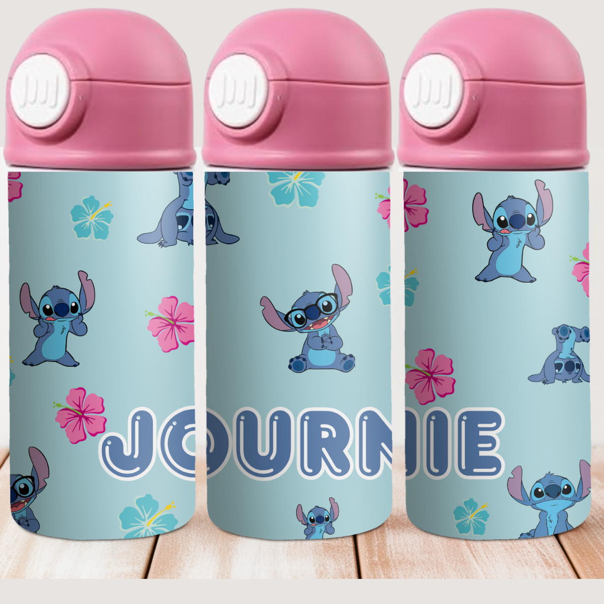 Custom name kids water bottle with tropical Stitch design – back to school ready