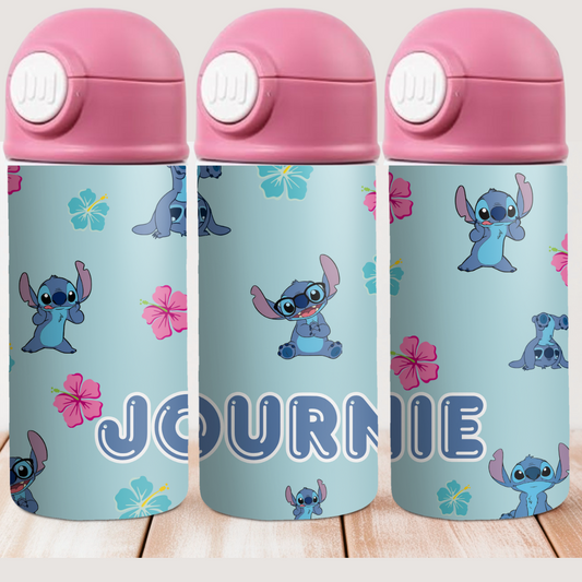 Custom name kids water bottle with tropical Stitch design – back to school ready