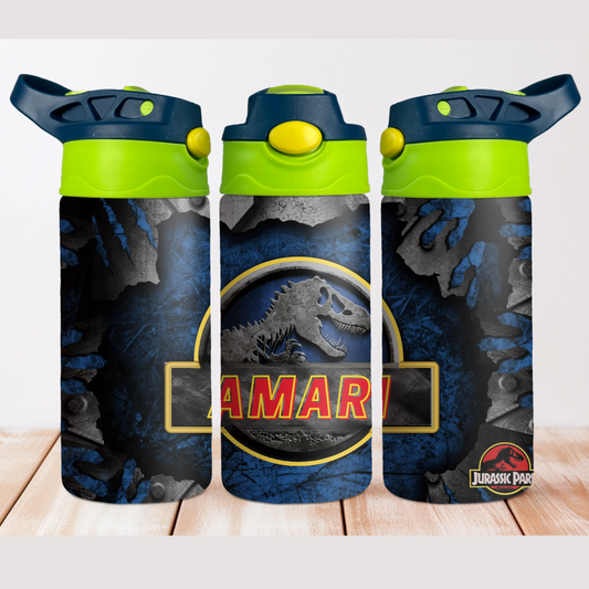 Personalized Jurassic Park tumbler with dinosaur design and custom name for kids