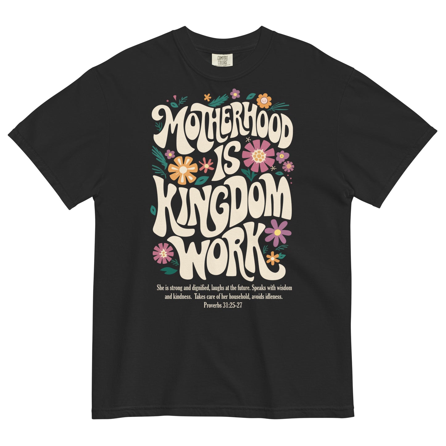 Mama floral Christian t-shirt for moms, shown with matching Kingdom Kids tee