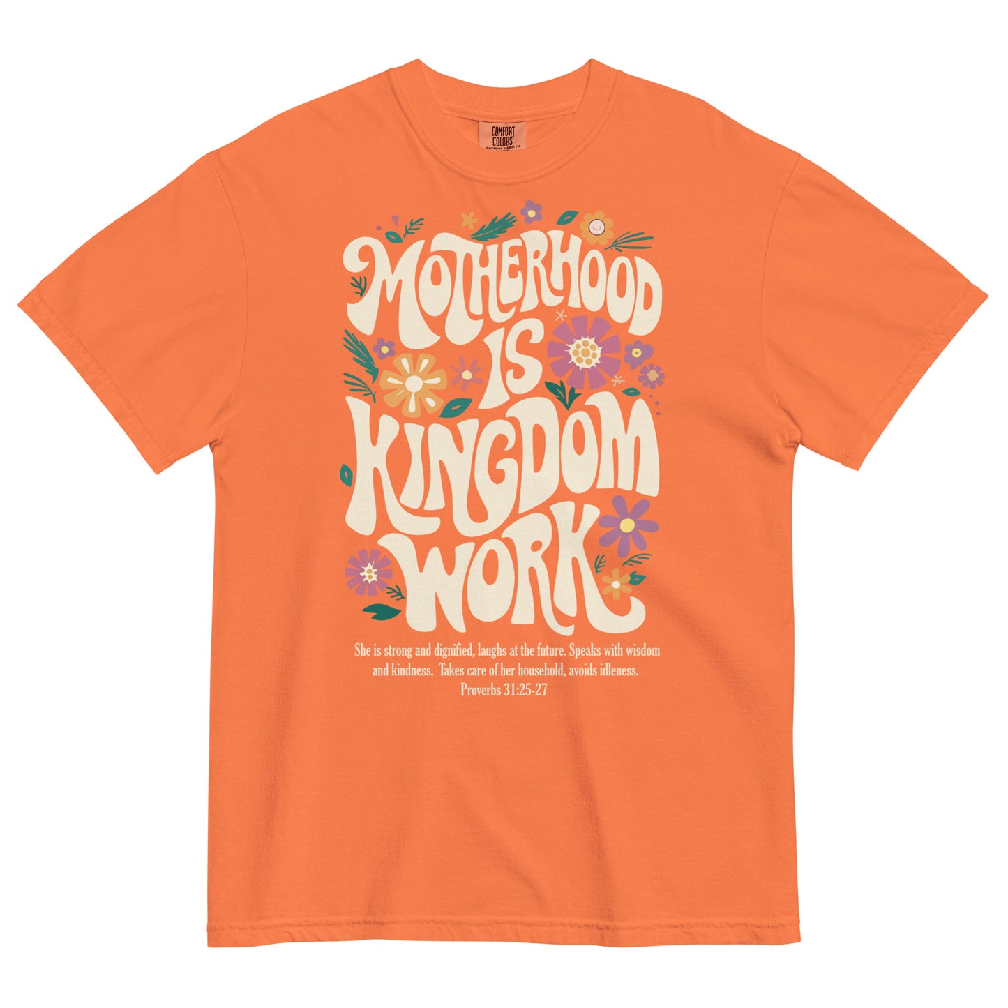 Mama floral Christian t-shirt for moms, shown with matching Kingdom Kids tee