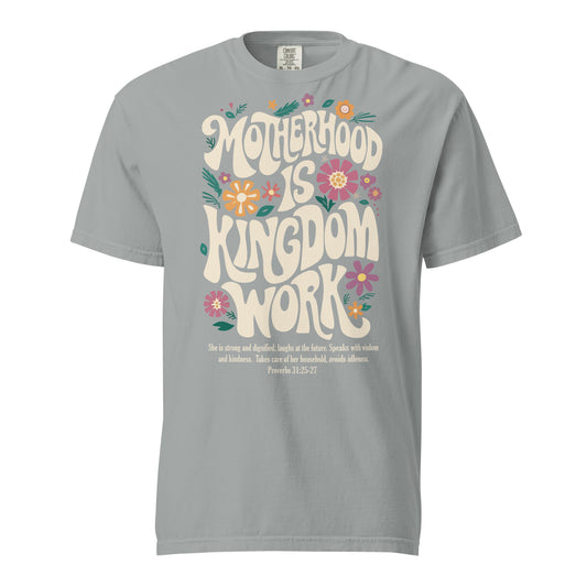 Mama floral Christian t-shirt for moms, shown with matching Kingdom Kids tee