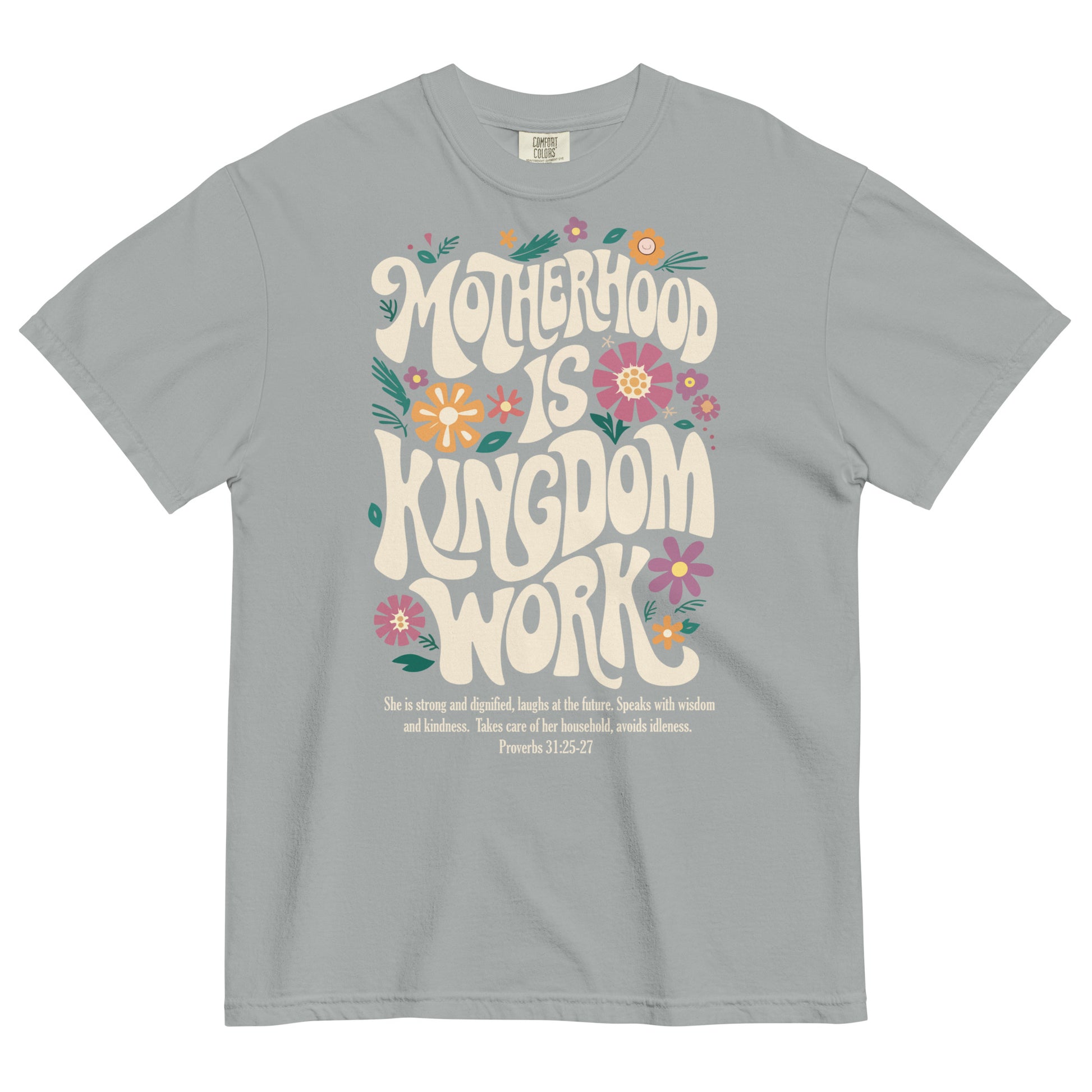Mama floral Christian t-shirt for moms, shown with matching Kingdom Kids tee