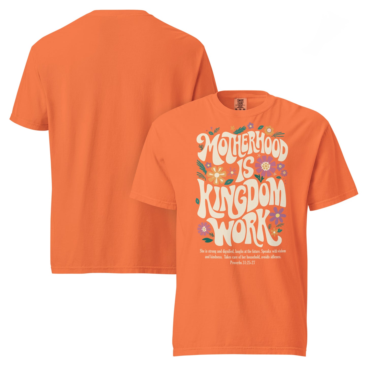 Mama floral Christian t-shirt for moms, shown with matching Kingdom Kids tee