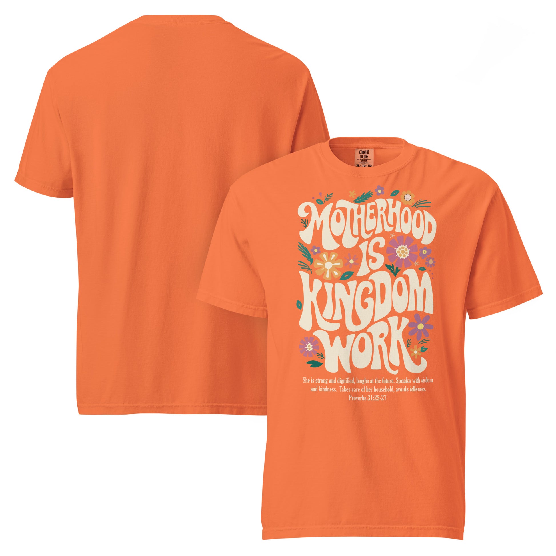Mama floral Christian t-shirt for moms, shown with matching Kingdom Kids tee