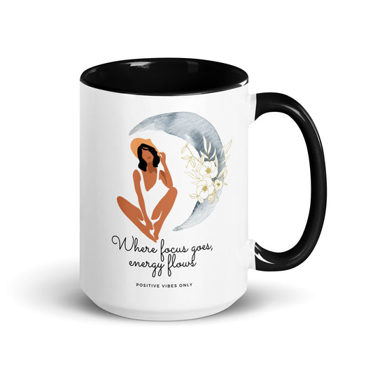 black ceramic mug with white "Positive Vibes" text, 15oz inspirational Christian gift for women 
