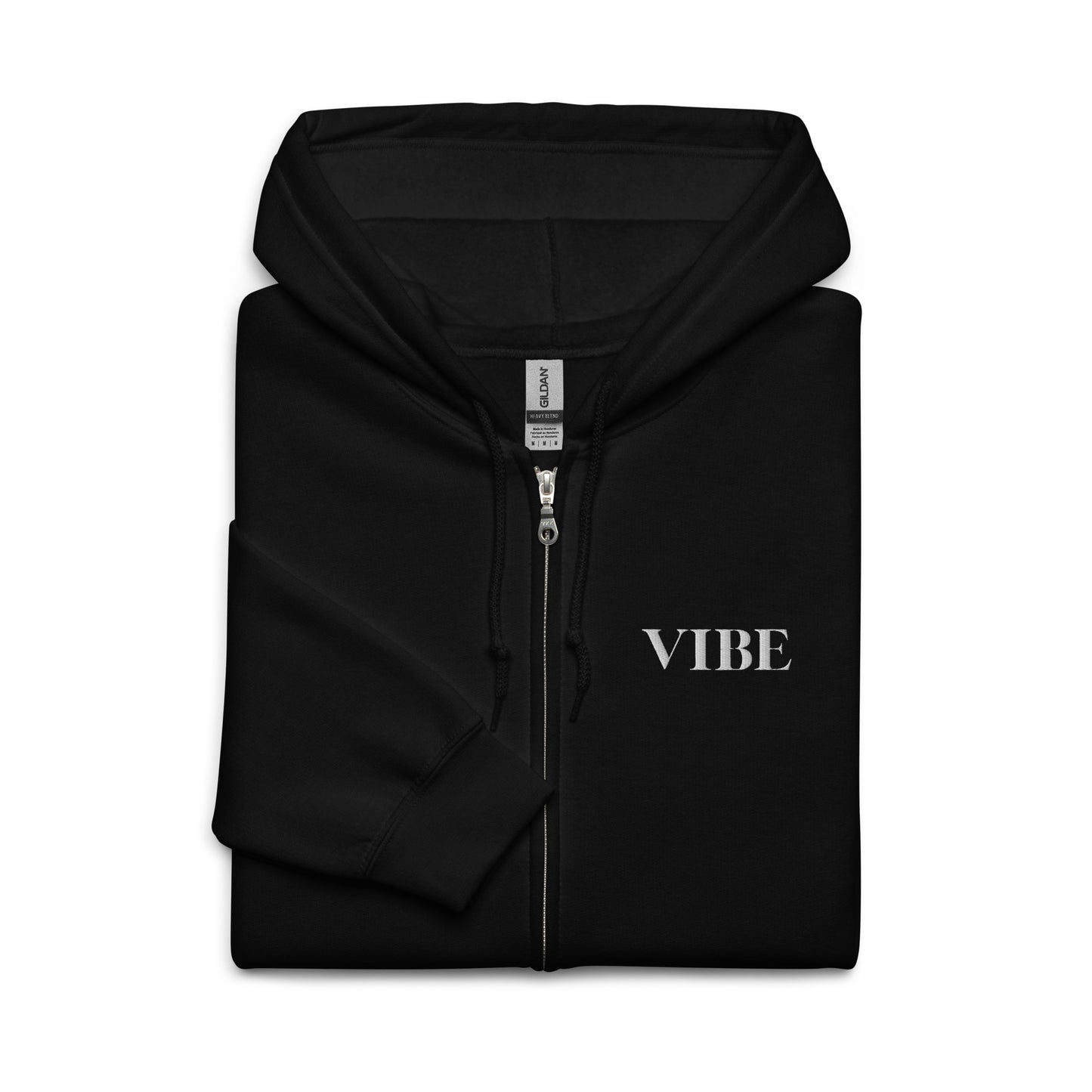 Vibe embroidered Christian zip-up hoodie in black with white embroidery and Psalm 139:14 on sleeve folded