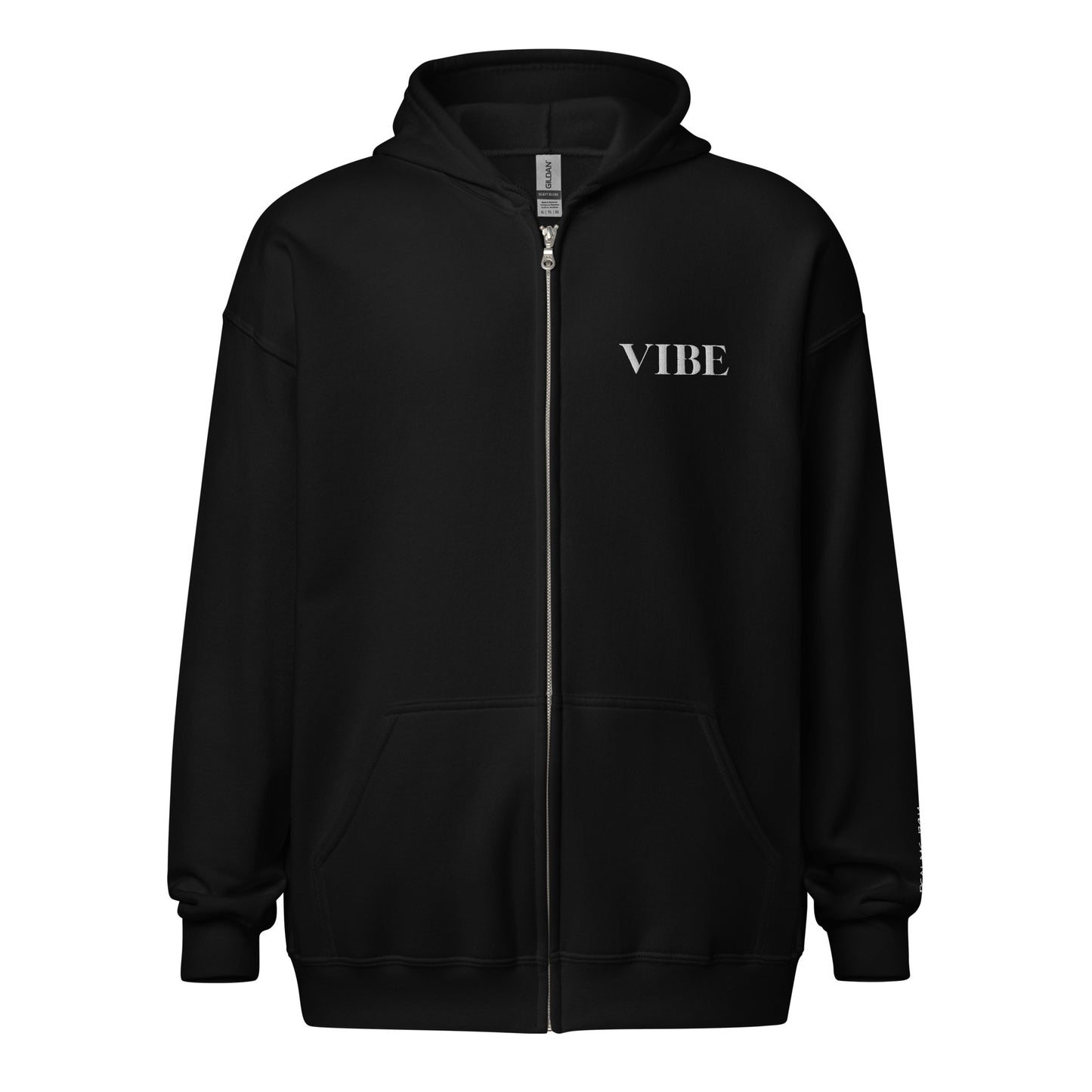 Vibe embroidered Christian zip-up hoodie in black with white embroidery and Psalm 139:14 on sleeve front
