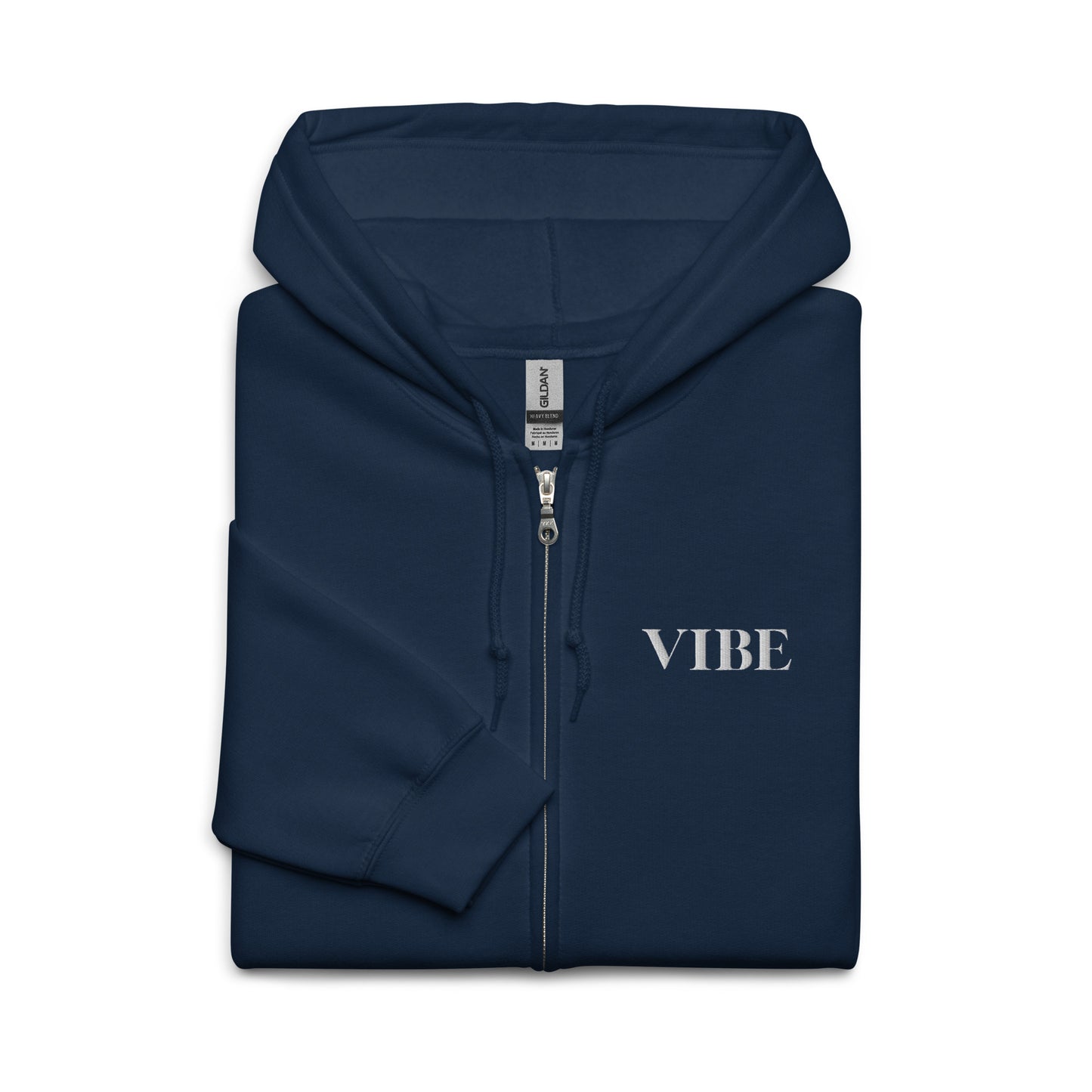 Vibe embroidered Christian zip-up hoodie in navy with white embroidery and Psalm 139:14 on sleeve folded 