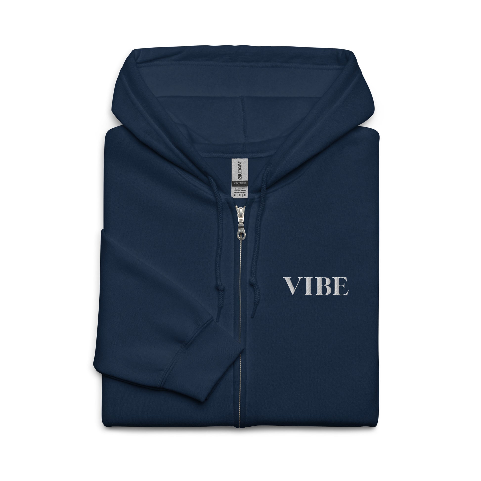 Vibe embroidered Christian zip-up hoodie in navy with white embroidery and Psalm 139:14 on sleeve folded 