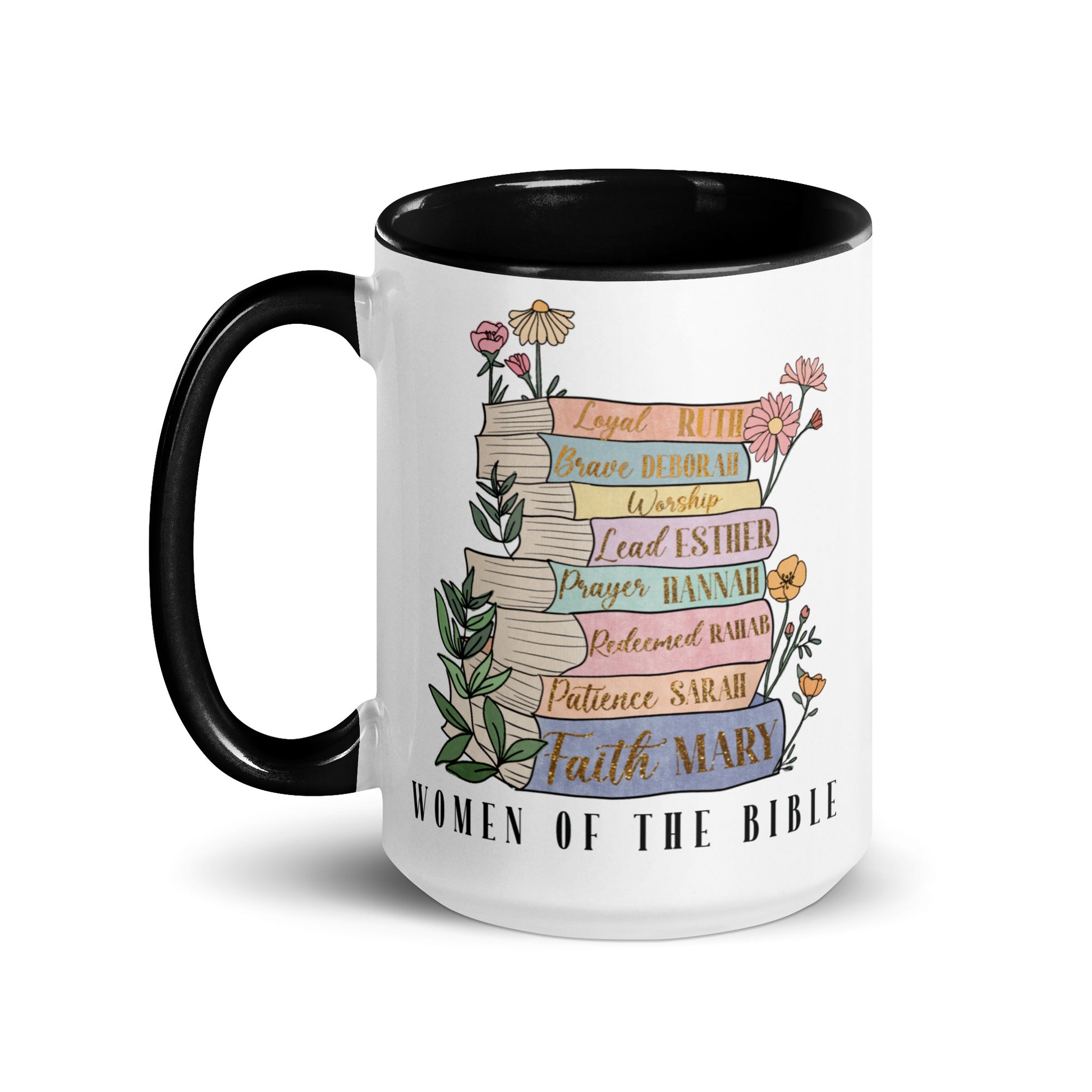 Faith-inspired Christian mug for women with biblical names in elegant black font