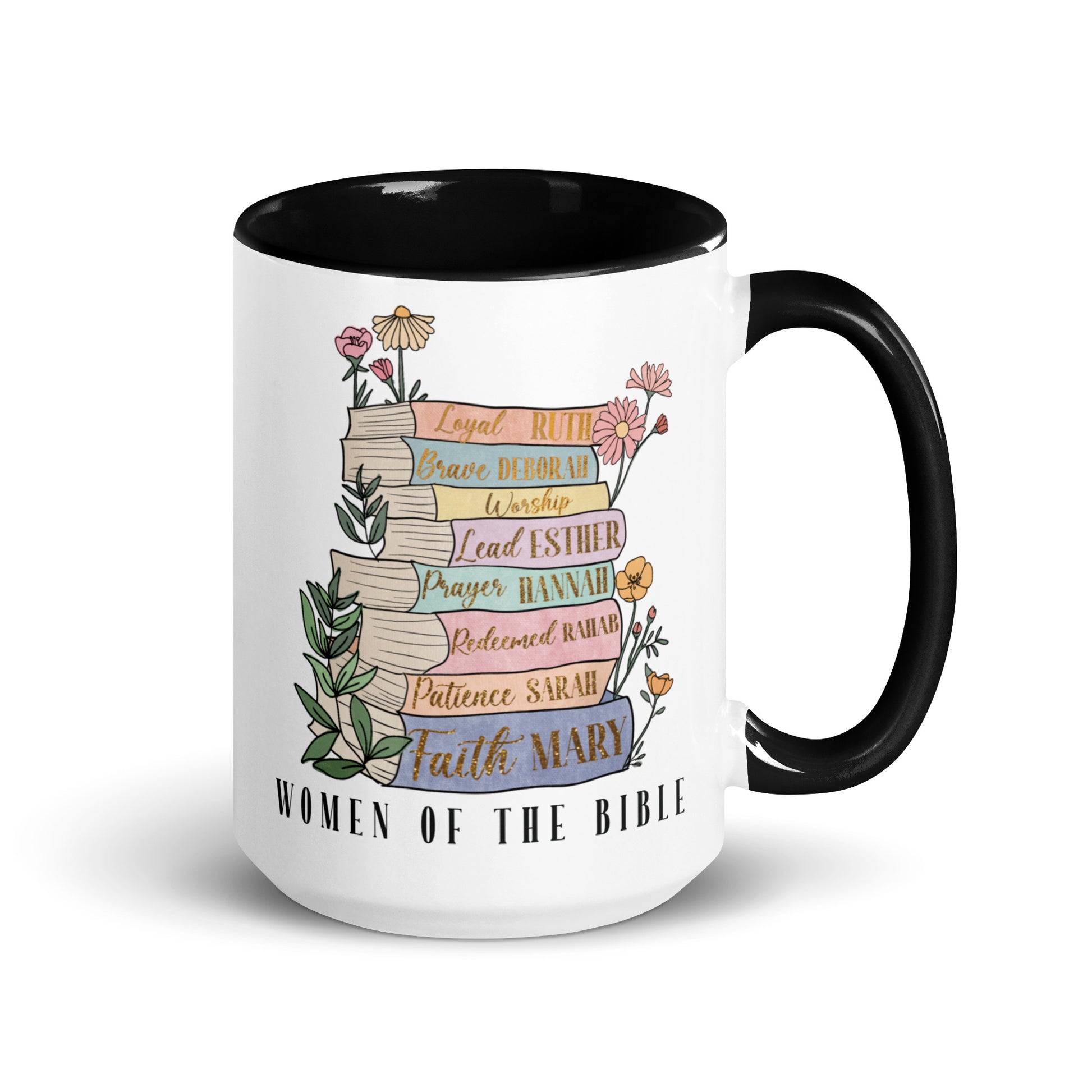 Women of the Bible ceramic coffee mug 15oz with names Mary, Sarah, Rahab, Hannah, Esther, Deborah, and Ruth