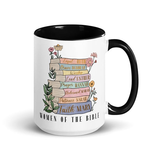 Women of the Bible ceramic coffee mug 15oz with names Mary, Sarah, Rahab, Hannah, Esther, Deborah, and Ruth