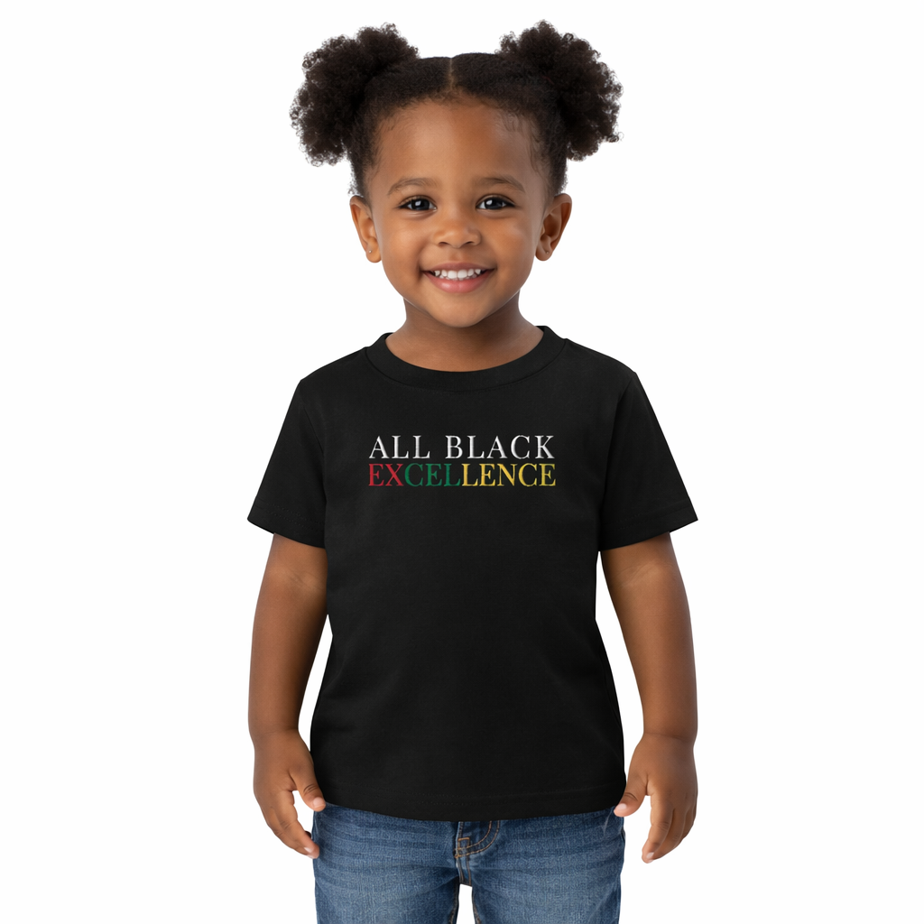 Child wearing a black t-shirt with 'ALL BLACK EXCELLENCE' text on a white background