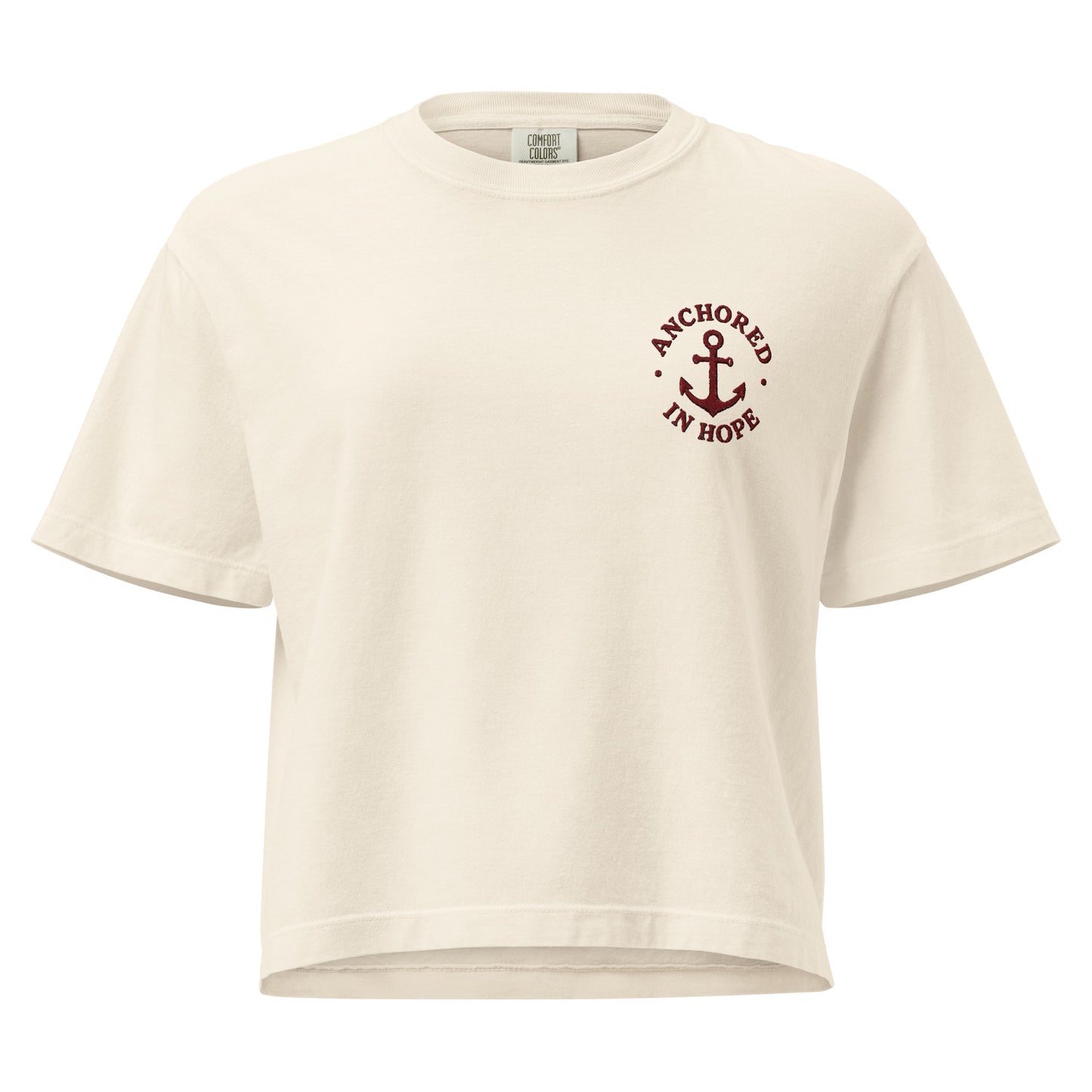 Anchored in Hope Women’s Boxy Tee in ivory with burgundy anchor design