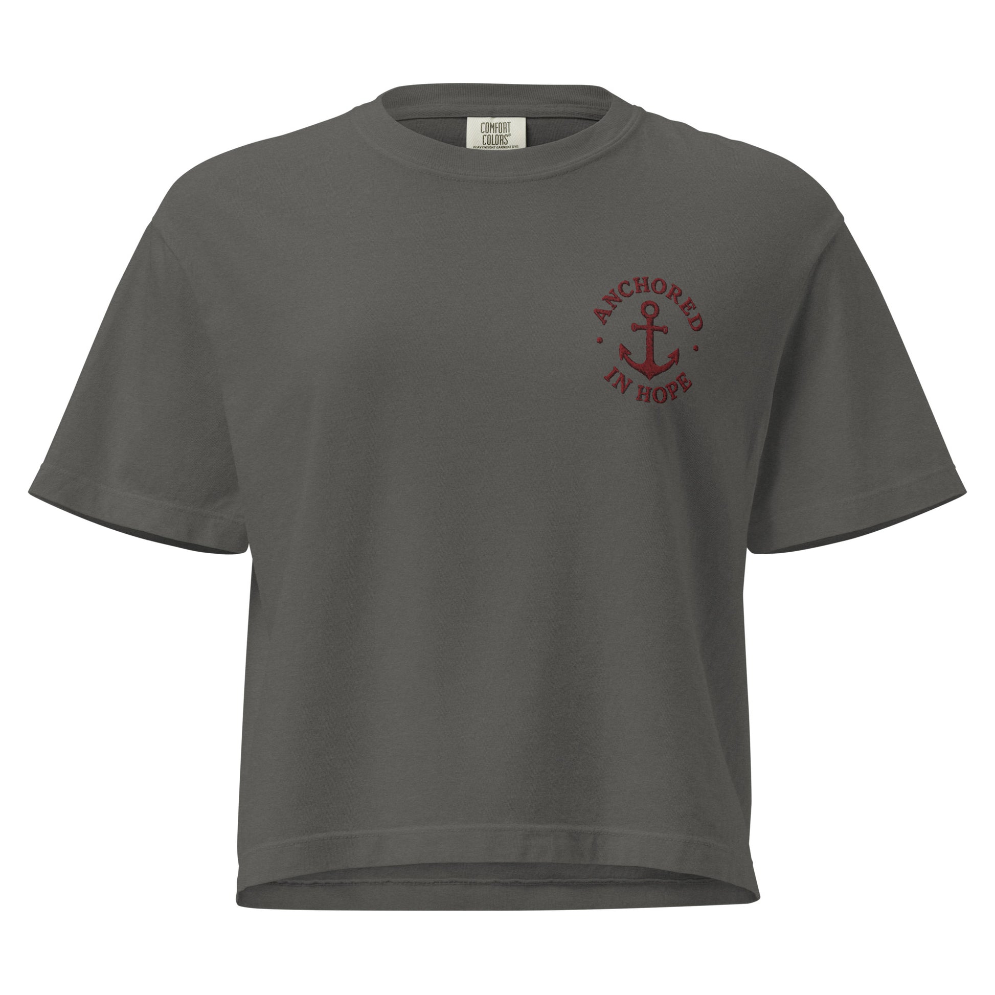 Anchored in Hope Women’s Boxy Tee in pepper with burgundy anchor design