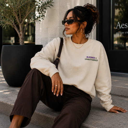 Blessed & Unbothered Crewneck – Minimal Embroidered Sweatshirt (Purple & Sage)