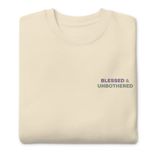 blessed and unbothered embroidery detail purple and sage on crewneck sweatshirt