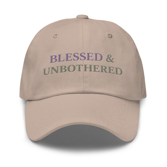 sage green “blessed and unbothered” dad hat with minimal purple embroidery, adjustable casual hat for everyday wear