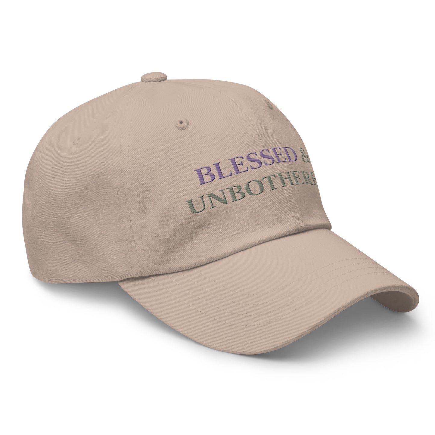 side view of sage green embroidered dad hat with “blessed and unbothered” text in purple, minimal casual accessory
