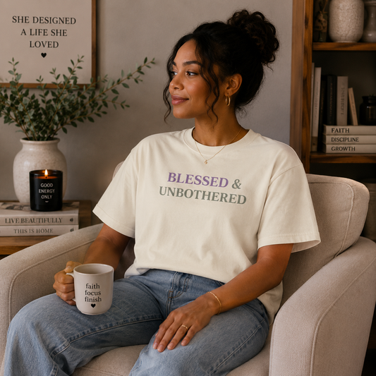 Woman wearing Blessed & Unbothered cream faith T-shirt with purple and sage lettering