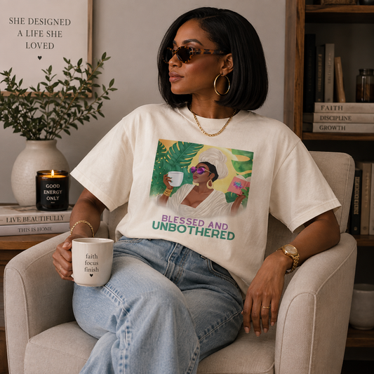 Woman wearing Blessed & Unbothered Peace of Mind Graphic Women’s Boxy Tee in ivory