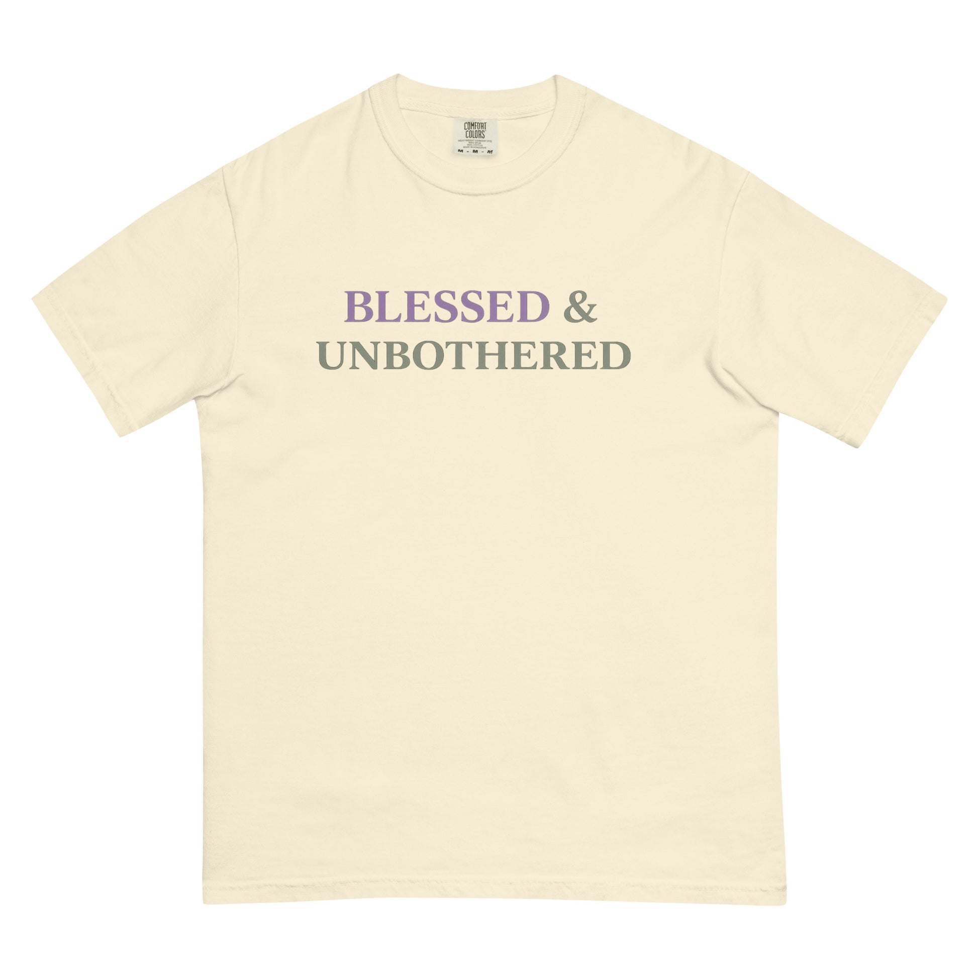 beige blessed and unbothered t-shirt purple sage minimalist faith based graphic tee women