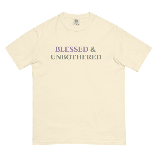 beige blessed and unbothered t-shirt purple sage minimalist faith based graphic tee women