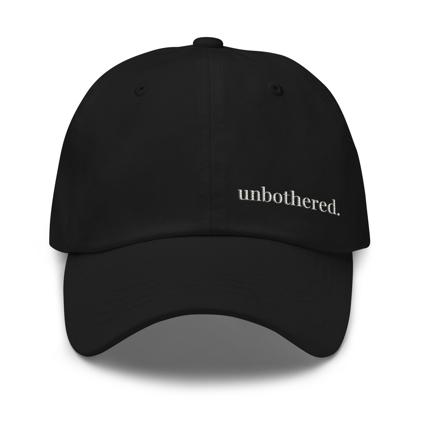 Unbothered embroidered dad hat black minimalist baseball cap front view 