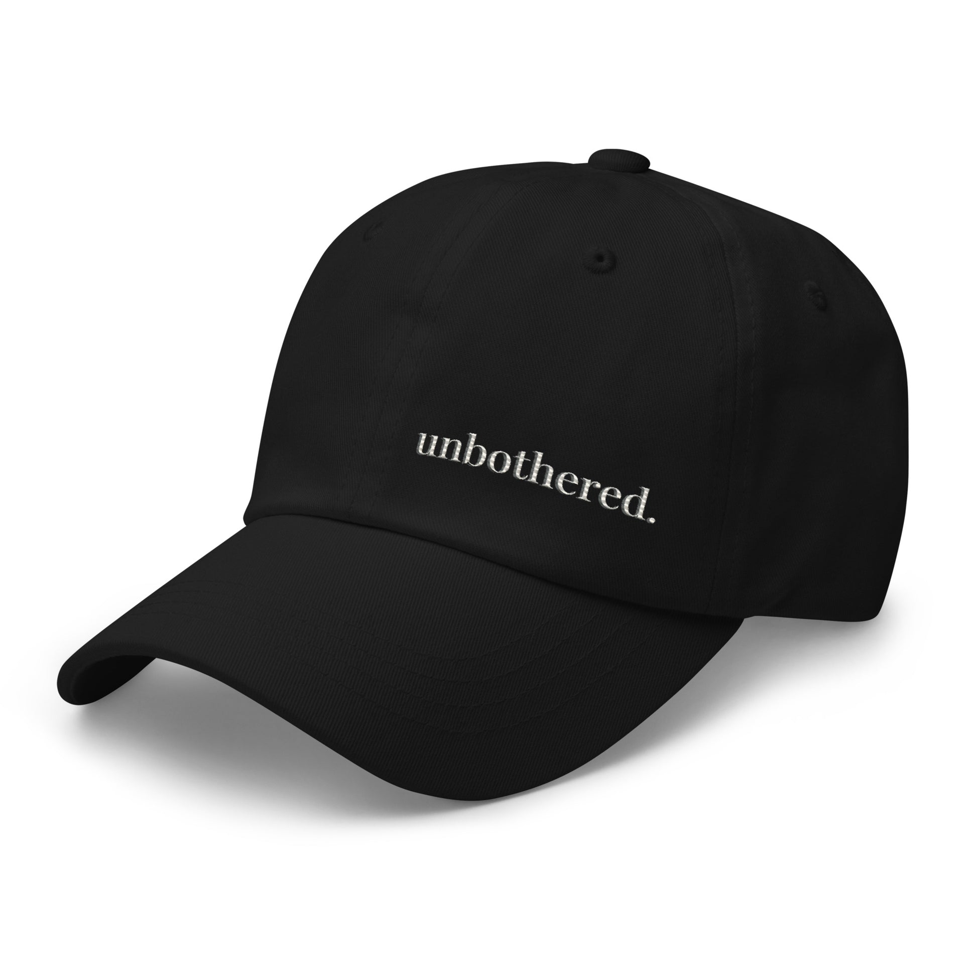 Unbothered embroidered dad hat black minimalist baseball cap side zoomed in view 