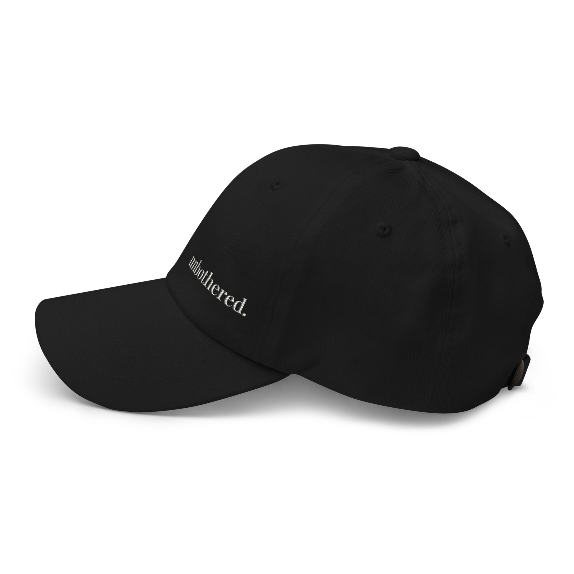 Unbothered embroidered dad hat Black minimalist baseball cap Left view 