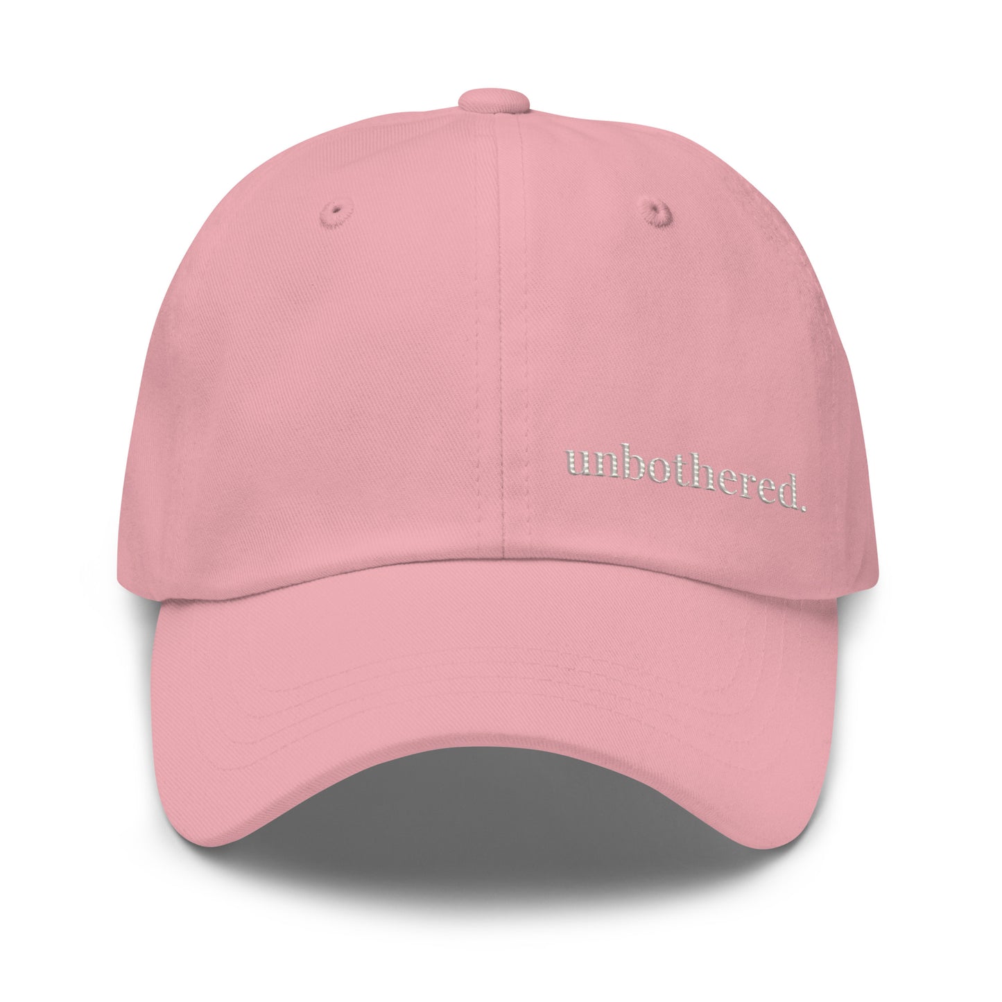 Unbothered embroidered dad hat pink minimalist baseball cap front view 